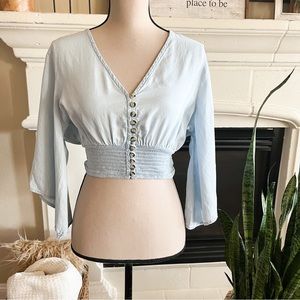 SOLD Miss Selfie Pale Blue Milkmaid
Cropped Blouse -Size M
